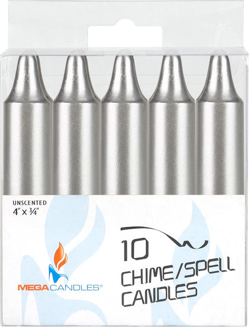 Mega Candles 10 pcs Unscented Silver Exquisite Mini Taper Spell Candles, 4 Inch Tall x 3/4 Inch Diameter, Supreme Chimes, Enchantment, Casting Rit...