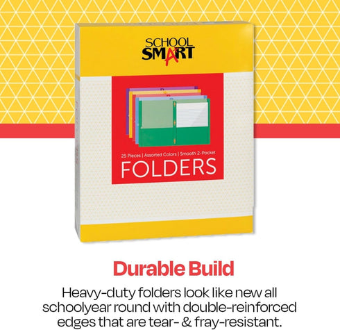 School Smart Smooth 2-Pocket Folder with Fasteners, Assorted Colors, Pack of 25...