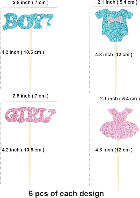 Ercadio 24 Pack Boy or Girl Cupcake Toppers Glitter Onesie Jumpsuit Cupcake Picks Baby Shower Kids Birthday Gender Reveal Party Cake Decorations S...