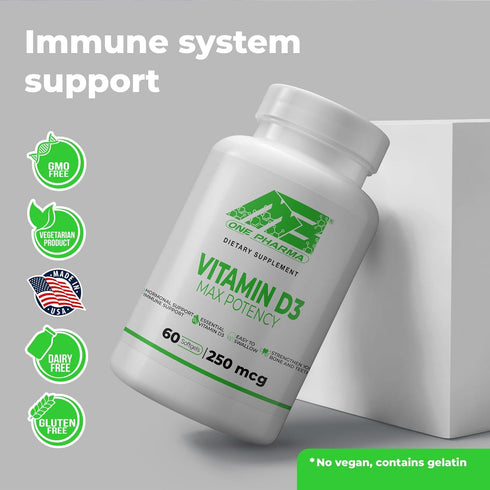 Vitamin D3 Max Potency Dietary Supplement – Immune, Hormonal, Muscle, Teeth and Bone Health Support - Easy to Swallow (250 mcg - 60 Softgels)...