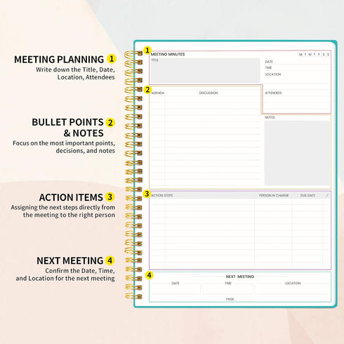 SUNEE Meeting Notebook for Work with Action Items - 160 Pages, B5 Size Project Planner, Spiral Meeting Agenda/Minutes Notebook Organizer for Women...