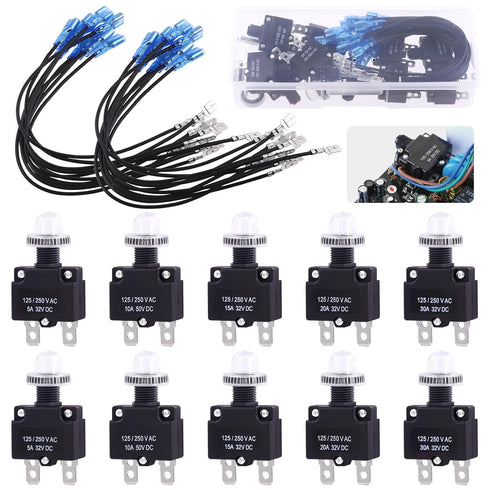 Keadic 40 Pcs 5/10/15/20/30A Push Button Circuit Breaker with Manual Reset Assorted Set AC125-250V 32VDC Thermal Circuit Breaker with 19cm Wire Le...