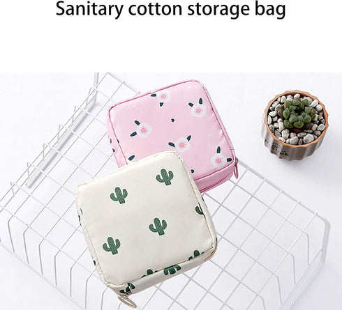 White Sanitary Napkin Storage Bag with Colorful Print Design Portable Zipper Menstrual Pad Bag Sanitary Napkins for Women Ladies,Cactus Bag with A...