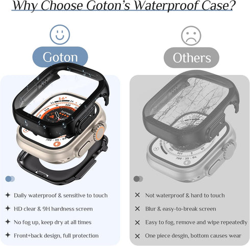 Goton 2 in 1 Waterproof Case for Apple Watch Ultra Ultra2 Screen Protector 49mm, 360 Protective Glass Face Cover Hard PC Bumper + Back Frame for i...