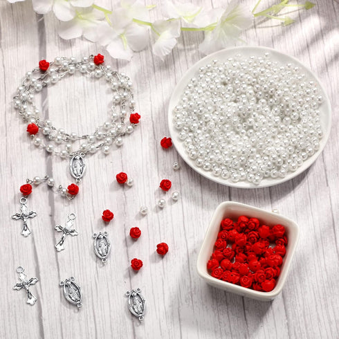 610 Pcs Rosary Pearl Beads Carved Rose Beads Rosary Cross Centerpiece Crucifix Medal, Rosary Making Supplies Silver Jesus Maria Pendant for Rosary...