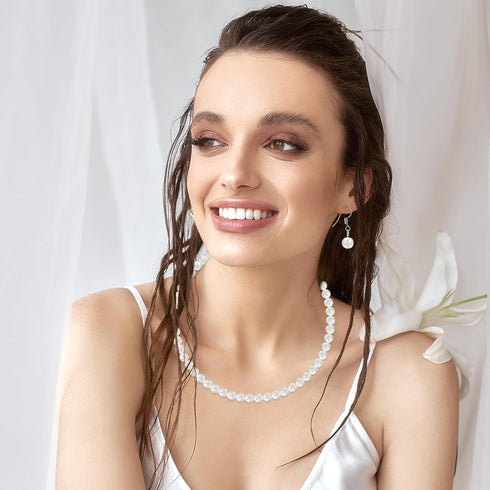 Pearl Jewelry Set for Women, 8mm White Pearl Necklace Fake Pearl Wedding Necklace 3 Pcs Simulated Faux Pearl Necklace Bracelet Earrings Set Costum...