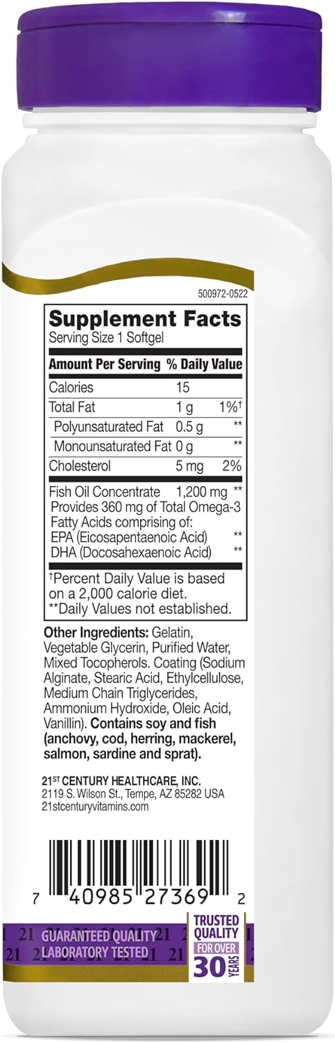 21st Century Fish Oil 1200 mg Enteric Coated Softgels, 90 Count...