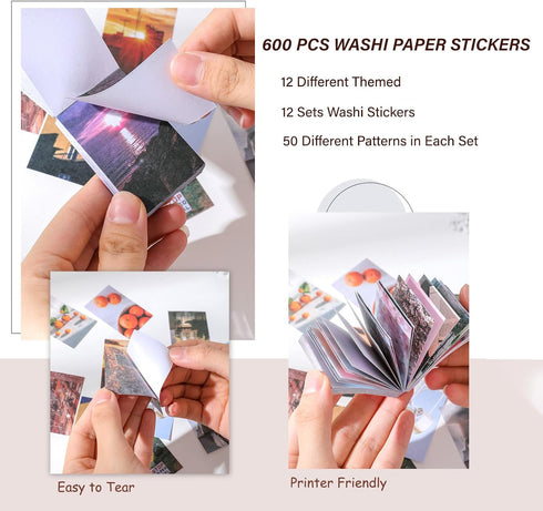12 Sets 600 Sheets Washi Stickers for Journaling, Daily Quote Flower Nature Travel Stickers Vintage Aesthetic Scrapbook Sticker Set for Bullet Jou...