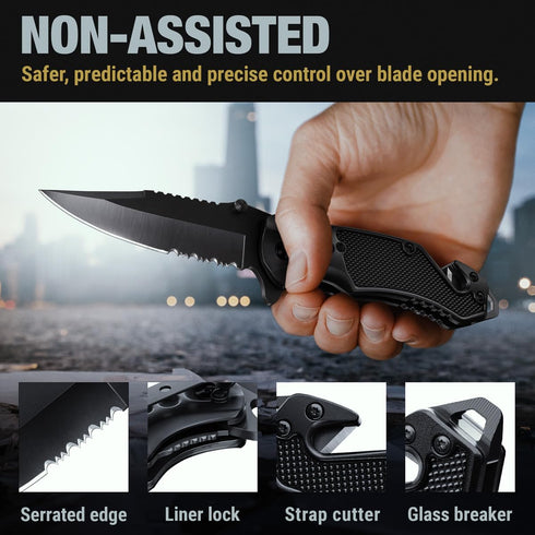 2.95” Serrated Blade Pocket Knife - Black Folding Knife with Glass Breaker and Seatbelt Cutter - Small EDC Knife with Pocket Clip for Men Women - ...