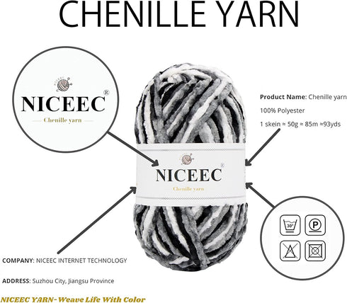 NICEEC 3 Skeins Soft Chenille Yarn Blanket Yarn for Knitting Fancy Yarn for Crochet Weaving DIY Craft Total Length 3×85m (3×93yds, 3×50g)_Black Wh...