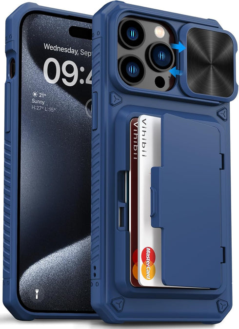 Vihibii for iPhone 15 Pro Max Wallet Case with Card Holder (4 Cards) & Slide Lens Protective Cover & Kickstand & Raised Edges Protect Screen, Shoc...