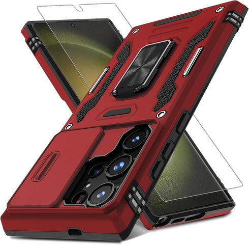 DEERLAMN for Samsung Galaxy S24 Ultra Case with Slide Camera Cover+Screen Protector (1 Pack), Rotated Ring Kickstand Military Grade Shockproof Pro...