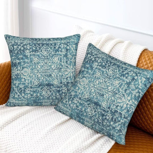 Teal Boho Pillow Covers 22x22 Set of 2, Bohemian Carpet Pattern Outdoor Decorative Throw Pillows Linen Ethnic Design Rustic Farmhouse Cushion Case...