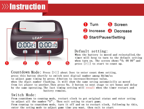 LEAP Chess Clock Digital Chess Timer Professional for Board Games Timer with Alarm Function (Official Store) Brownish Red...
