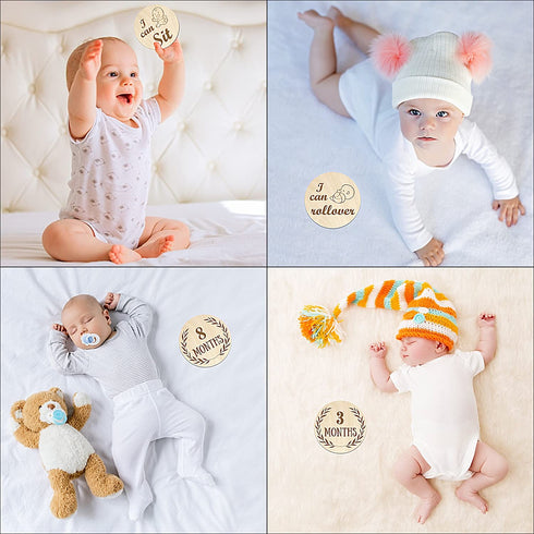 Baby Milestone Cards Wooden Monthly Cards and Infant First, Double Sided Engraved Photo Prop Discs,Gift Set for Baby Shower and Newborn,Come with ...