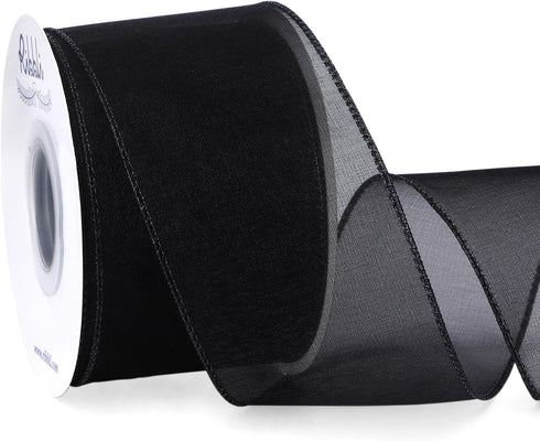Ribbli Black Organza Wired Ribbon, Black Sheer Ribbon with Metallic Edge,2-1/2 Inch x 20 Yards Christmas Tree Ribbon for Decoration Gift Wrapping ...