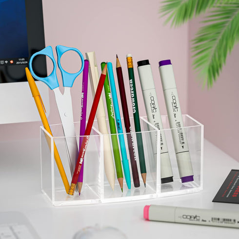 Makeup Brush Holder Organizer Clear Cosmetic Brushes Container Storage 3 Slots, Desk Storage for Lipstick Eyeshadow Pen, Skincare Cosmetic Display...