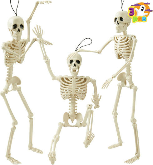 JOYIN 3 PCS Halloween Hanging Skeletons 16" Full Body Posable Joints Movable Plastic Bones for Halloween Party Outdoor Indoor Decor, Yard Patio La...