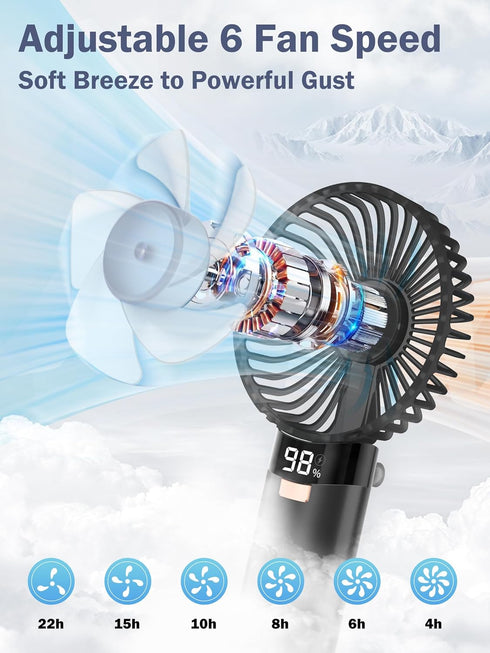 Handheld Fan - Portable Fan 5200mAh, Metal Handle Mini Hand Held Fan Foldable, USB Rechargeable Personal Fan Power Bank, 6 Speeds Quiet Handheld F...