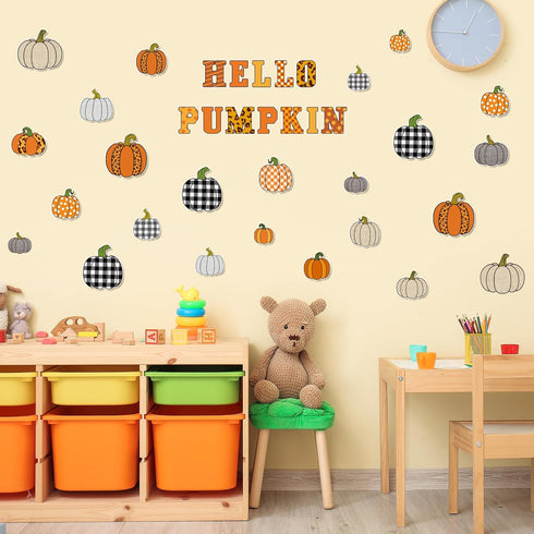 Whaline 92Pcs Hello Pumpkin Bulletin Board Kit Plaid Leopard Fall Pumpkin Decoration Border Cutout with Glue Points for Fall Harvest Thanksgiving ...