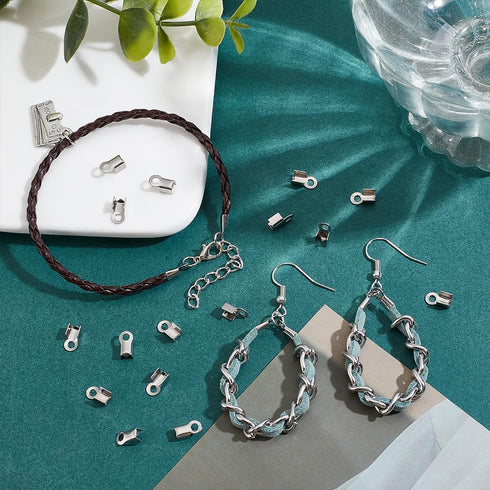 PH PandaHall About 200 Pcs 304 Stainless Steel Fold Over Cord Ends Terminators Crimp End Tips for Leather 4mm for Jewelry Making...