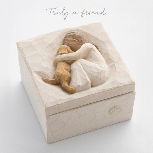 Willow Tree True, Truly a Friend, Box for Jewelry and Treasures with Bas-Relief Carving of Girl with Puppy Dog, Sculpted Hand-Painted Keepsake Box...