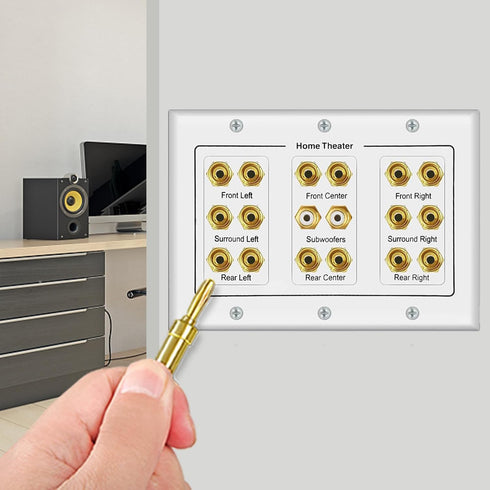 5 6 7.1/7.2 or 8.1/8.2 One or Two Subwoofer Compatible 16 Banana Post and 2 RCA Speaker Wall Plate for Home Theater Audio...