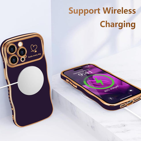 LCHULLE for iPhone 15 Pro Max Case for Women Girls, Cute Wave Frame Curly Shape with Love Heart Raised Camera Protection Cover Luxury Plating Shoc...
