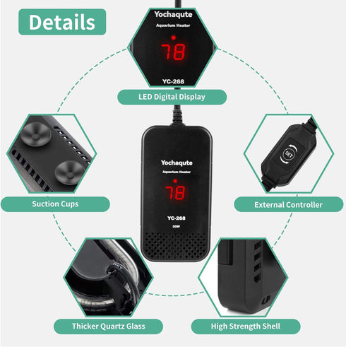 Aquarium Fish Tank Heater: 50 Watt Submersible Small Betta Heater with LED Temperature Display Adjustable External Controller for 1-10 Gallon Salt...
