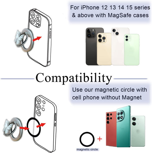 Magnetic Phone Ring Holder Compatible with MagSafe Phone Grip Kickstand for Magsafe Cases with Magnetic Adapter Circle, Adjustable Angle Butterfly...