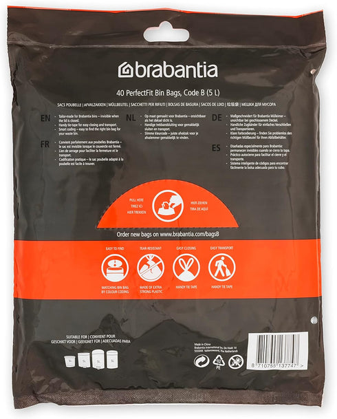 Brabantia PerfectFit Trash Bags (Size B/1.3 Gal) Thick Plastic Trash Can Liners with Drawstring Handles (40 Bags)...