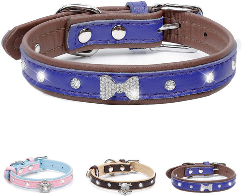 Pet Bling Accessories Cat and Dog Rhinestone Collar PU Leather Adjustable Collar (Medium, Navy Bule)...
