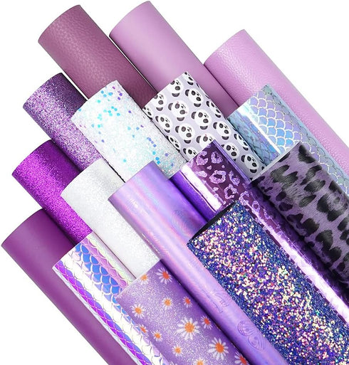 16 Pieces 8x6 Inch New Contrast Colors White Purple Light Purple Series Faux Leather Fabric Sheets Include Litchi Daisy Fine Chunky Glitter Butter...