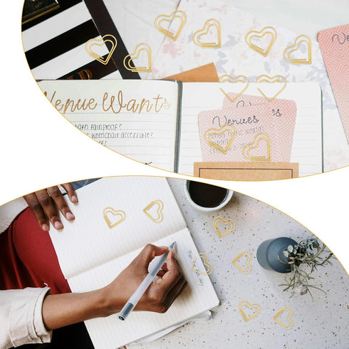 100 Pcs Gold Heart Paper Clips Gold Love Heart Shaped Small Paper Clips Cute Stainless Steel Metal Paper Clips Paperclips Bookmarks for Women Docu...