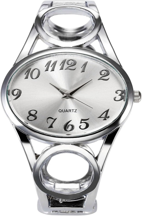 Top Plaza Women Fashion Silver Tone Circle Band Arabic Numeral Scale Bangle Cuff Dress Bracelet Watch - Valentine's Day Gift...