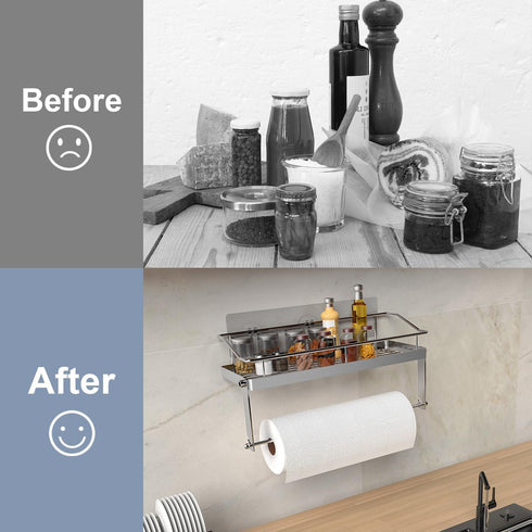 Adhesive Paper Towel Holder Shelf,Wall Mounted Paper Towel Roll Rack Basket for Kitchen,Shower Bathroom & Balcony,Rustproof,No Drilling,SUS 304 St...