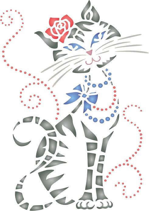 Stencils for Walls: Cute Cat Stencil, 6 x 8.5 inch (L) - Cool Cartoon Cat Bow Flower Beads Stencils for Painting Template...