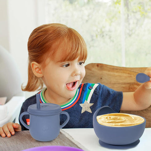 100% Silicone Baby Feeding Set,BPA Free Baby Dishes Set with Suction Bowl Divided Plate,Toddler Self Feeding Dish Set with Spoons Forks Sippy Cup ...