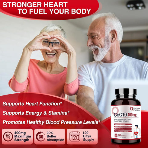 NATURE TARGET CoQ10-400mg Plus PQQ with Vitamin E & Organic Olive Oil - Coenzyme-Q10 with BioPerine - High Absorption Antioxidant-for-Heart-Health...