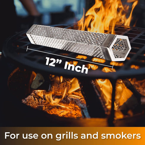 Pellet Smoker Tube & Heat Resistant BBQ Glove | 12 Inch Smoker Box Tube For All Electric, Gas, Charcoal Grills & Smokers | Suitable For Hot & Cold...