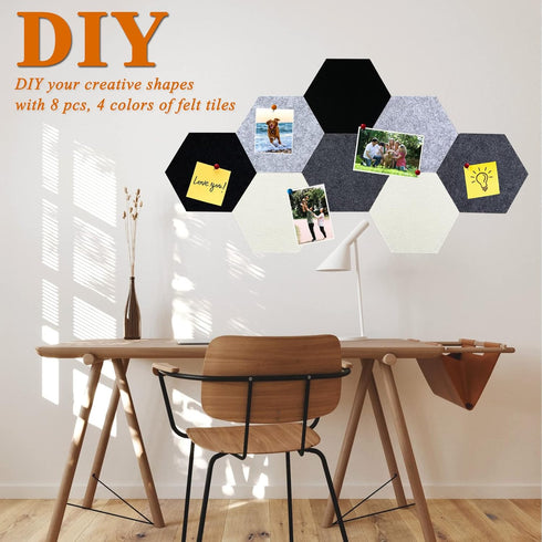 8Pcs Hexagon Felt Cork Board Tiles, Self Adhesive DIY Bulletin Board Pin Board for Office School Home Wall Decor Stickers Memos Photos Display (Gr...