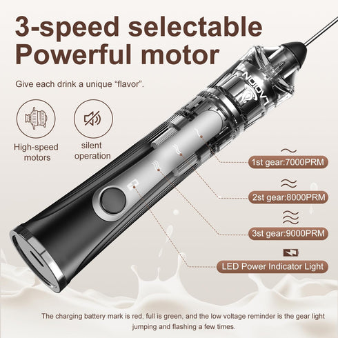 3-Speed Rechargeable Milk Frother, Handheld Electric Coffee Frother Wand with Detachable Stainless Steel Double Rings Whisk, Electric Drink Mixer ...