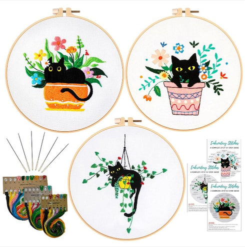 Nuberlic 3 Sets Cute Cat Embroidery Kit for Adults Beginners, Stamped Cross Stitch Starter Kits Include Embroidery Needlepoint Cloth Hoops Needles...