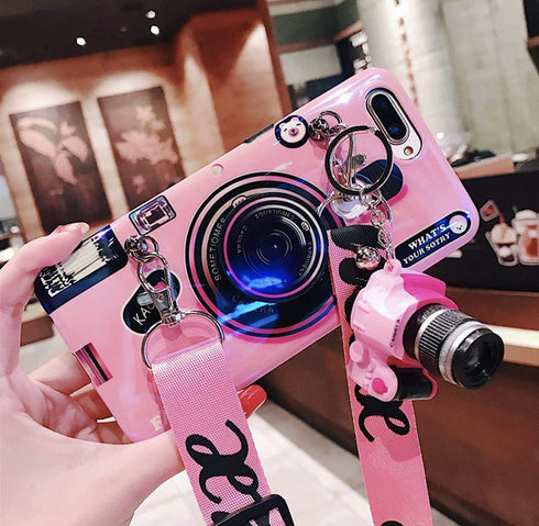 yandi Compatible with iPhone 13 Pro Max Case (6.7 inch) with Lanyard, Cute iPhone Case Blue Ray Camera Style Cover with Key Chain, Bling Lightweig...