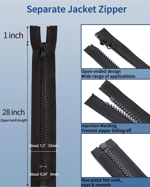 Wavebeexs 28 Inch Jacket Zipper, #5 Zipper for Jacket (3 Piece), Black Plastic Coat Zippers Replacement, Separating Zipper for Coat, Down Jacket, ...