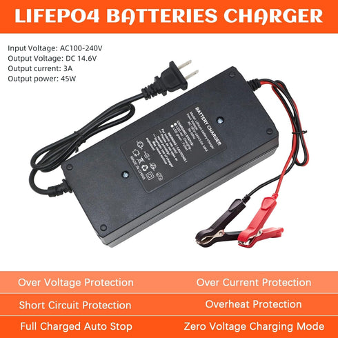 14.6V 3A LiFePO4 Battery Charger, Smart Battery Charger for 12.8V Lithium Iron Phosphate Battery, Trickle Charger Battery Maintainer, Built-in Saf...