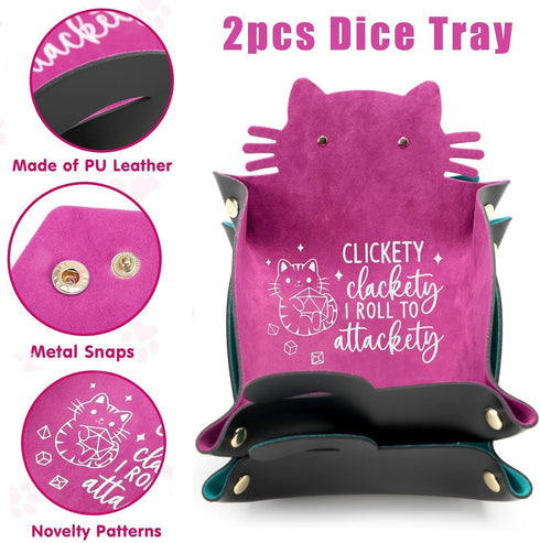 2pcs Cat Dice Rolling Tray Novelty Folding Leather Dice Holder Portable Dice Storage Accessories Decorative Desk Organizer Funny Gift for DND Game...