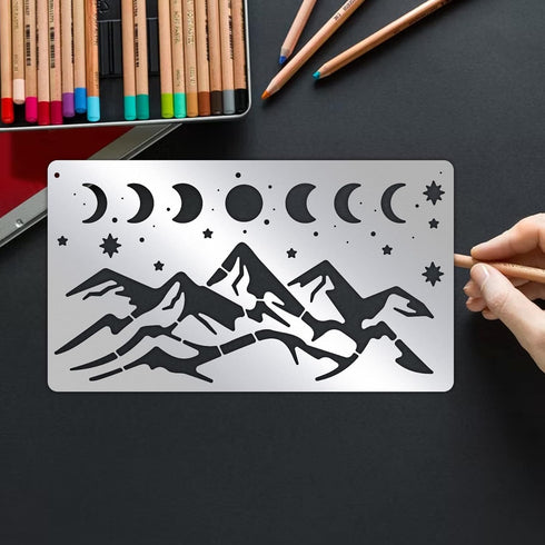 BENECREAT Moon Phase Mountain Stainless Steel Stencils, 7x4 inch Sun Reusable Painting Template for Painting, Wood Burning, Journaling...