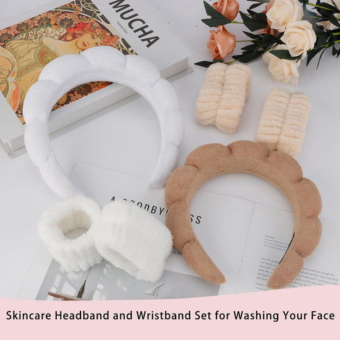 6Pcs Skincare Headbands for Washing Face Khaki Wristabnds for Washing Face Makeup Headband for Women Spa Headbands and Wristbands Set Face Wash He...