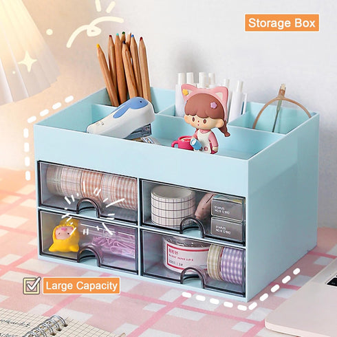 Desk Organizer and Accessories with 4 Compartments and 4 Drawers, Plastic Makeup Organizer, Pen Holder for Desktop Storage, Desk Organization for ...